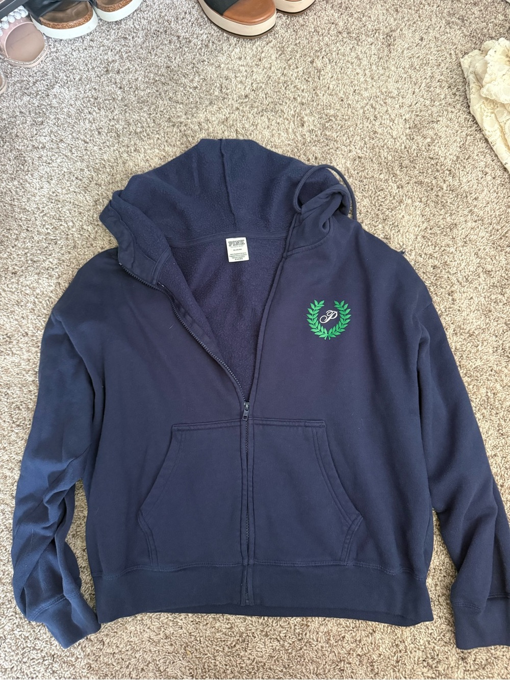 Victoria's Secret Navy Zip-Up Varsity Hoodie with Green Laurel Crest